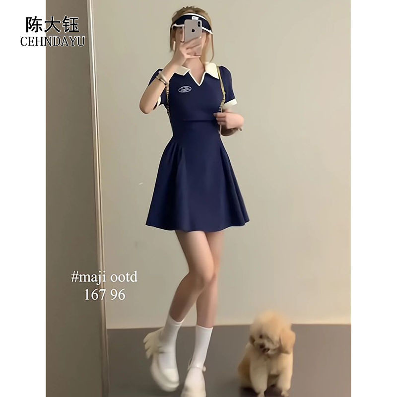 spring new Korean version of temperament fresh casual solid color Polo collar dress