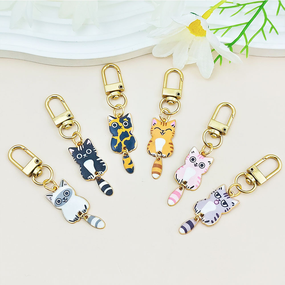 Kawaii Wagging Tail Cat Key Rings Creative Enamel Kitten Metal ...