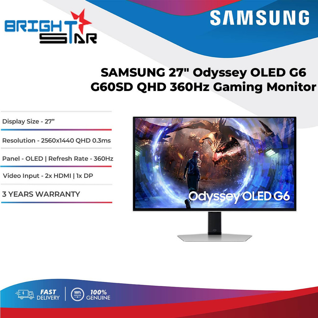 SAMSUNG 27" Odyssey OLED G6 G60SD QHD 360Hz Gaming Monitor (2x HDMI/1x ...