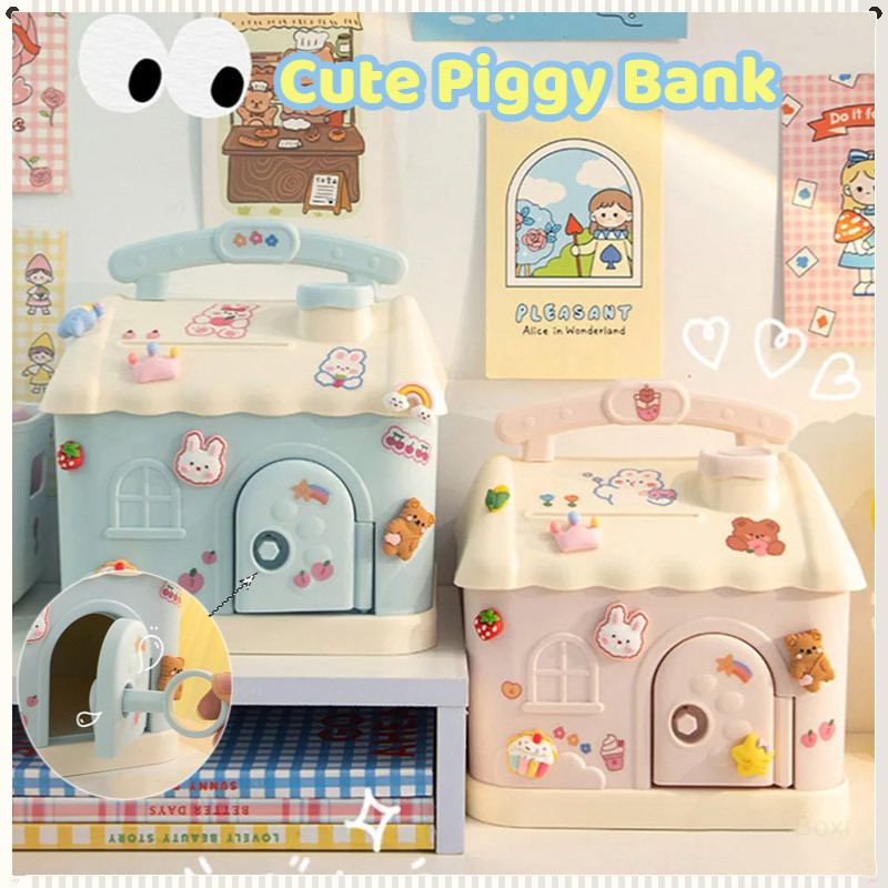 DIY Cute Piggy Bank Storage Box Cartoon House Coin Banks with Lock Coin ...