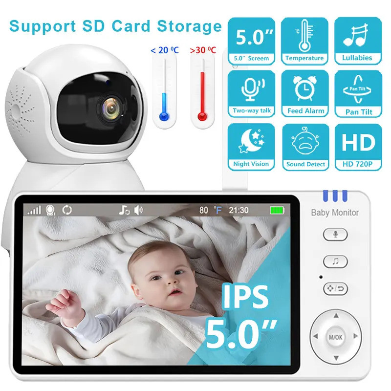 Baby Monitor Video E Audio GHB 5'' - Con Visione Notturna, VOX, Rilevamento Temperatura, Ninne Nanne, Batteria 5000mAh