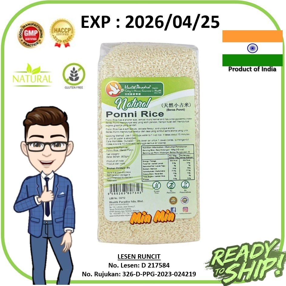 HEALTH PARADISE Natural Ponni Rice 900gm (Low GI) 天然小占米 | Shopee Malaysia