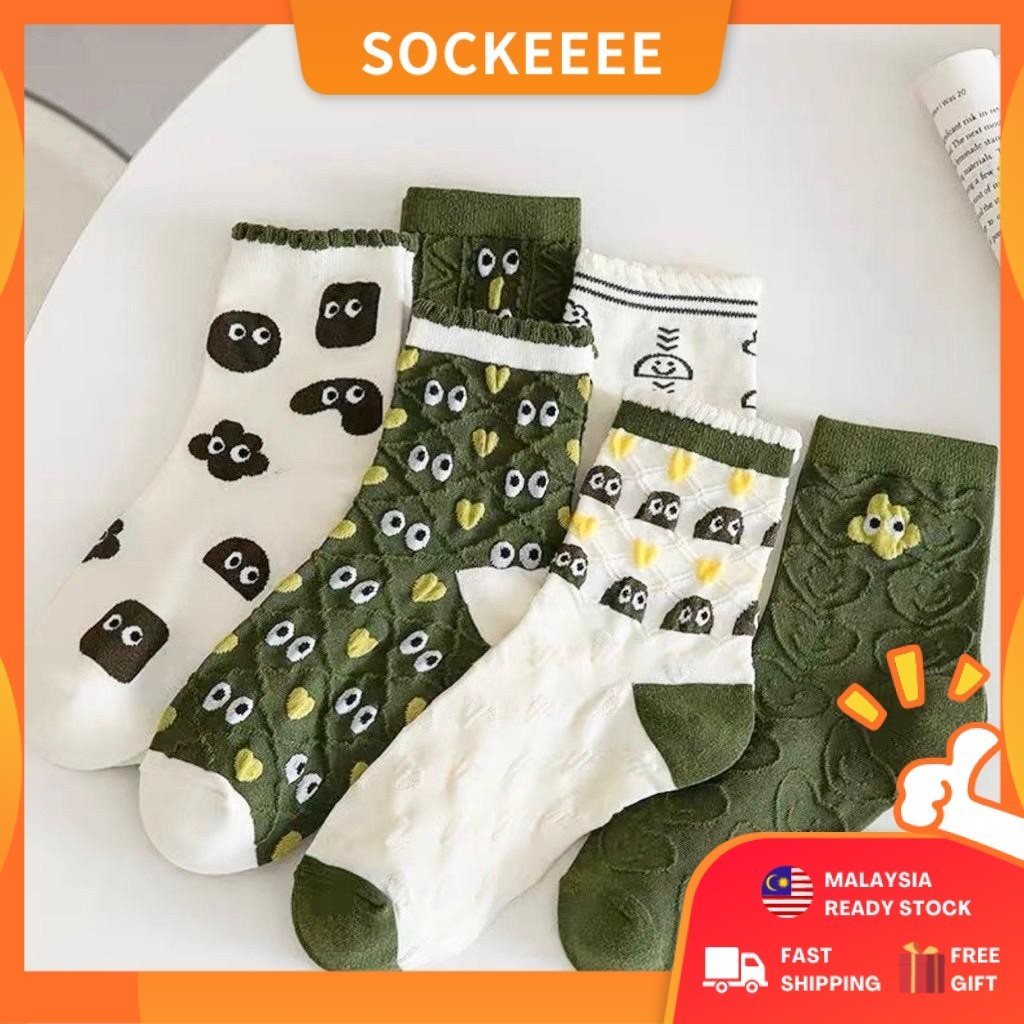 [Ready Stock] Sockeeee 1 Pair Dark Green Emoji Sock Crew Socks Women ...