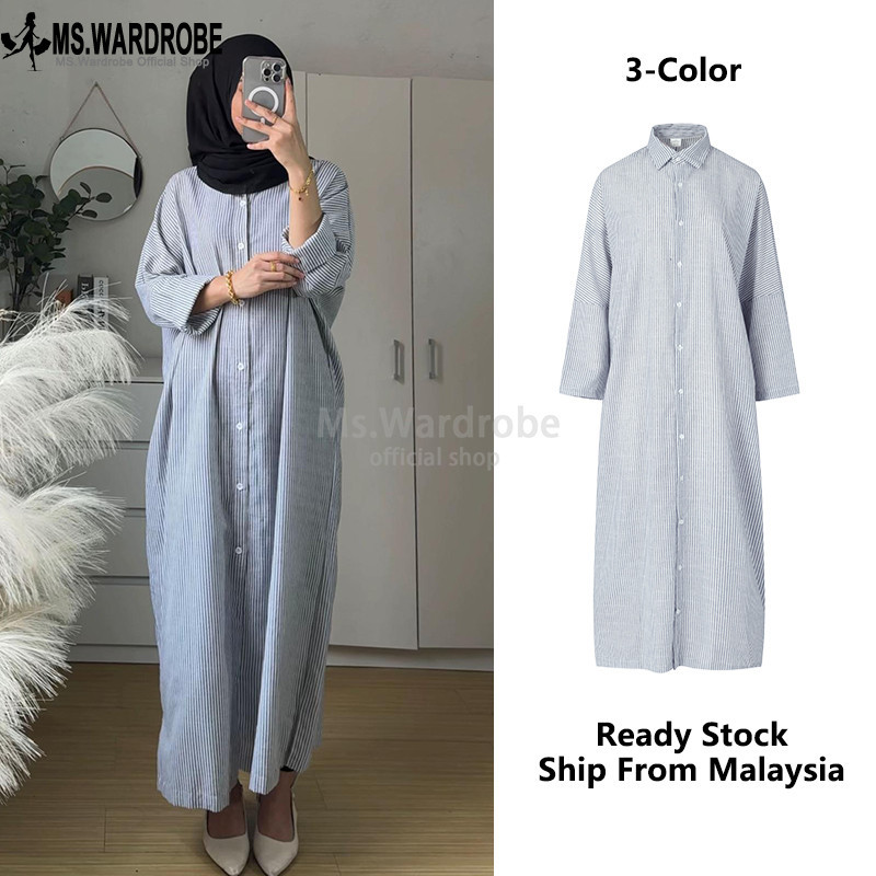 Ready Stock Korean Version Women Long Section Dresses Striped Casual A ...