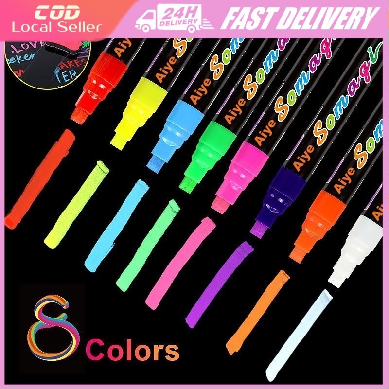 8 Colors Neon Chalk Pens Set 7mm Liquid Chalk Erasable Highlighter Pen ...