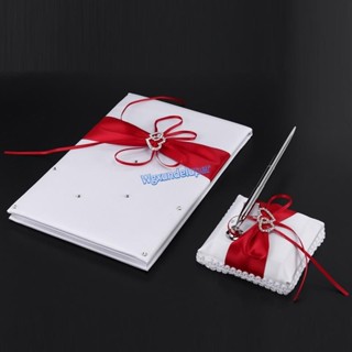 【W】Wedding Guest Book With Pen Holder Sets Satin Bows Signature Book