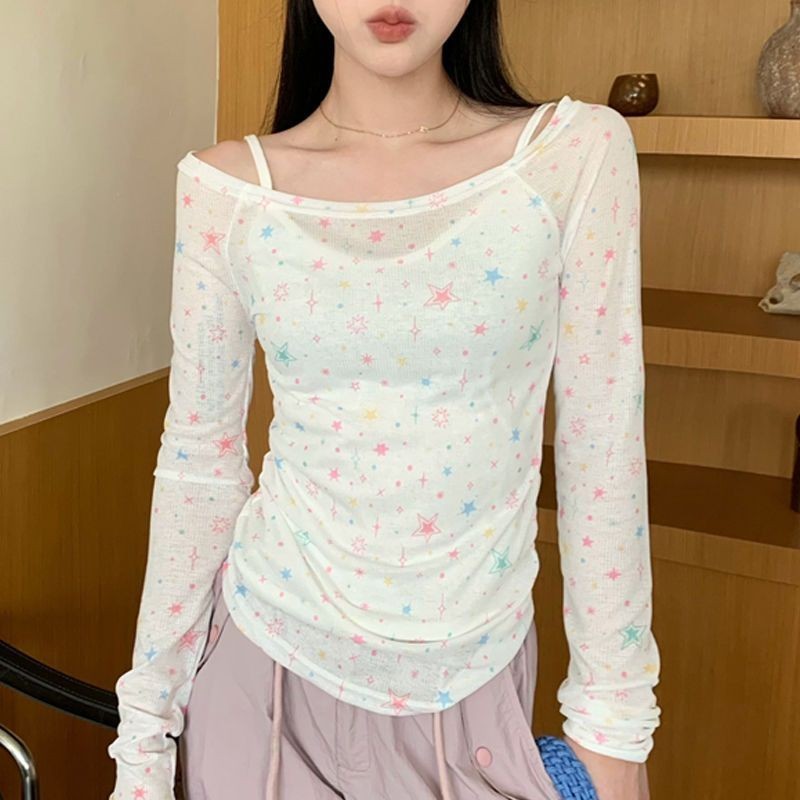 Off-Neck T-shirt Women's Sweet Summer Thin Pure Style Long Sleeve Top ...
