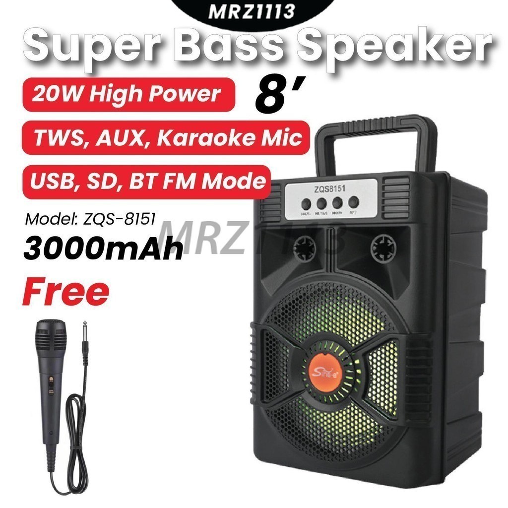 Sing-E ZQS-8151 8-inch 20 Watt Portable High-Power Super Bass Bluetooth ...
