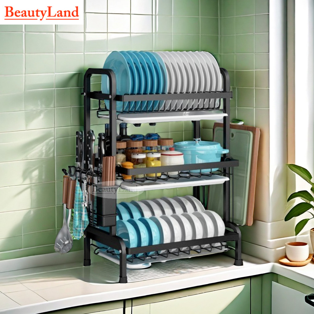 Free Gift~ Stainless Steel 3 Layers Dish Rack Kitchen Rack Dish Drainer ...