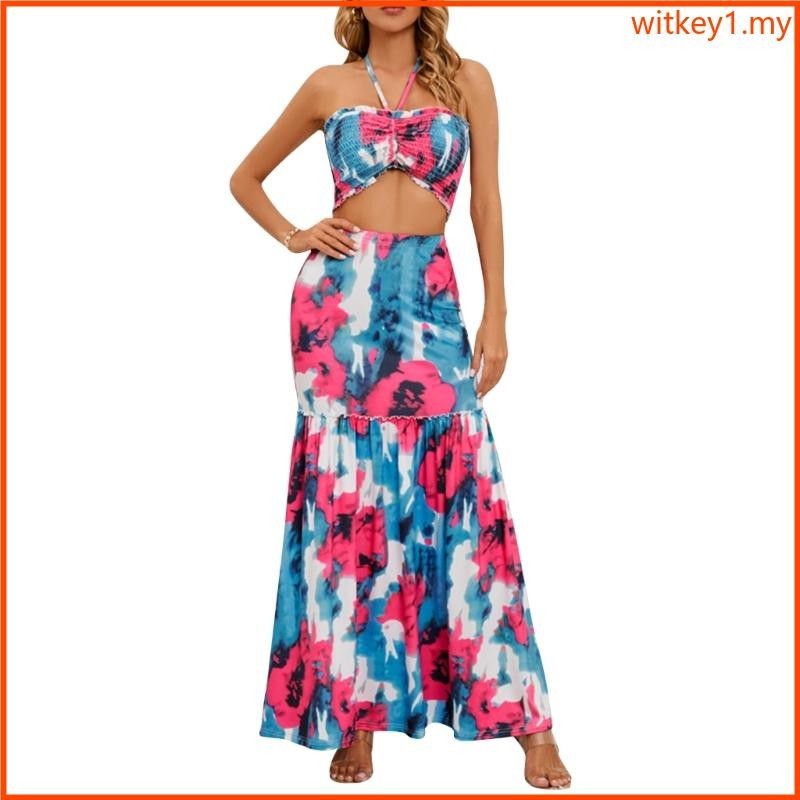 Wit Crop Top Skirt Set 2 Piece Outfit Floral Maxi Dress Halter Maxi