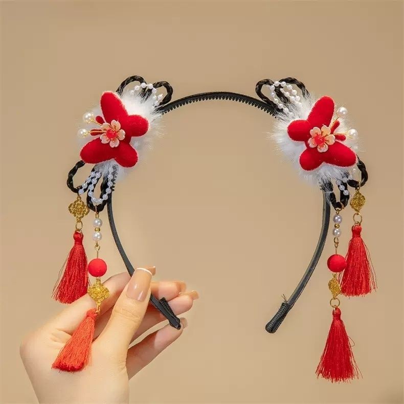 头花头箍头饰儿童可爱假发辫子发箍公主安可拉红新中式发饰古风Headflower headband, children's cute wig ...