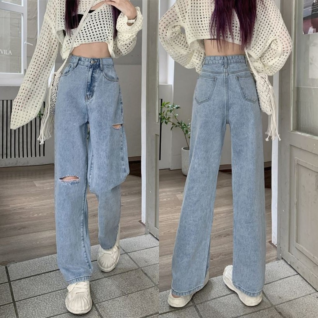 Jeans Ripped High-waist Jeans Women Straight Leg Loose New Spring ...
