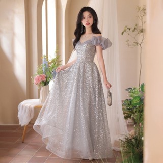 Silver Sequin Banquet Evening Dress 2024 New Light Luxury Off-shoulder ...