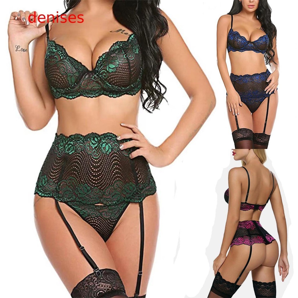 ^denises^ Sexy Garter Belts Bra And Panty Women Split Underwear Three