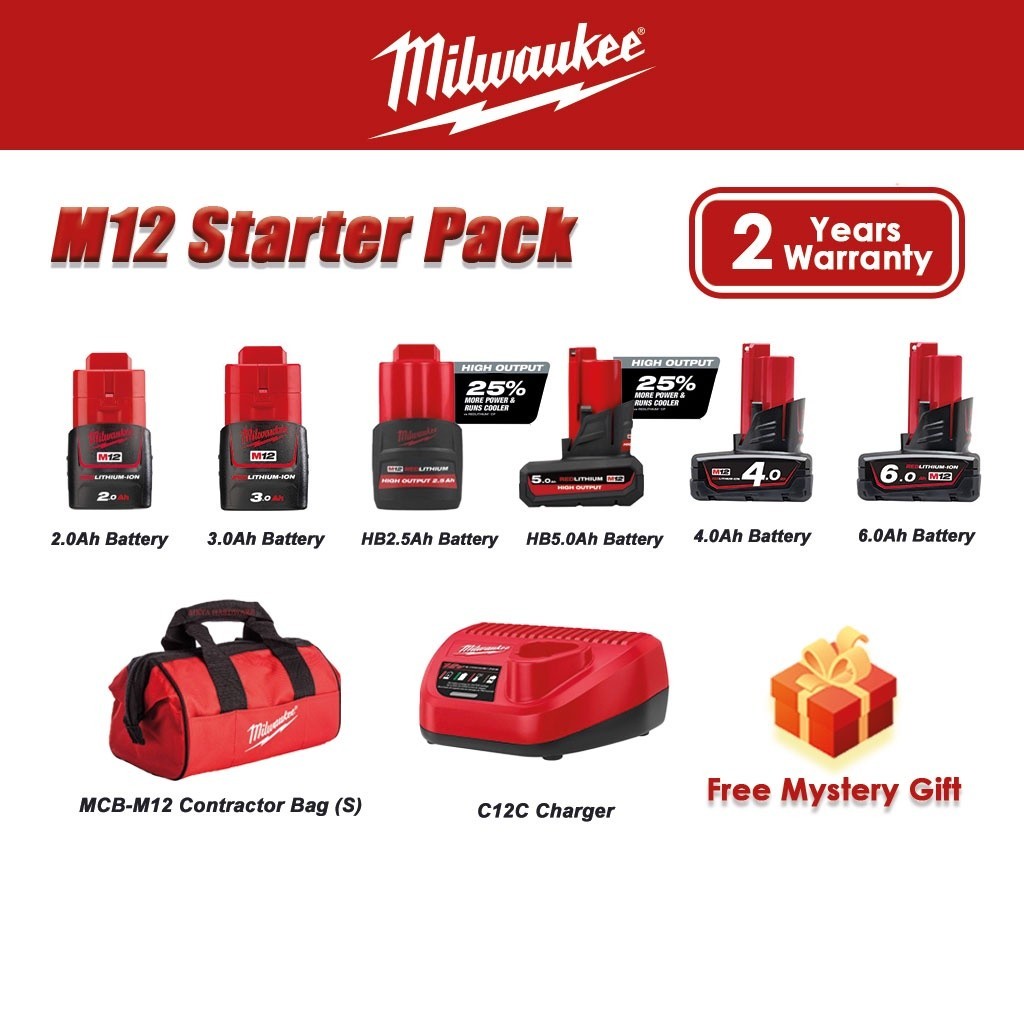 MILWAUKEE M12 Battery Starter Pack M12 201B M12 301B M12 401B Battery M12 601B Charger MCB M12 Bag M12B2 M12B4 M12B6 Shopee Malaysia