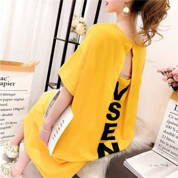 Women's Summer New Korean Style Loose Print Short Sleeve Overknee Long ...