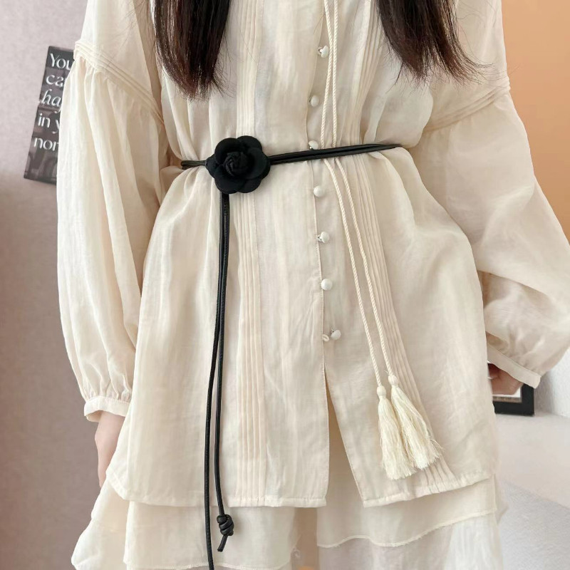 New Camellia Flower Leather Rope Thin Belt Women's Dress Is Decorated ...
