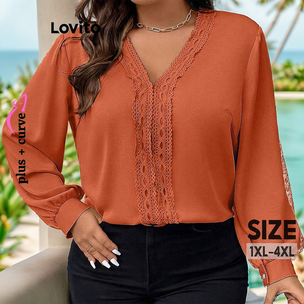 Lovito Plus Size Curve Elegant Plain Lace Fabric Stitching Ruffle ...