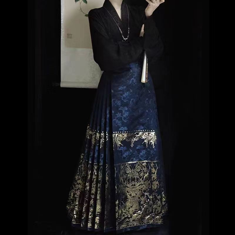 Pattern Mian - Waist Self-Tie Chinese Strap Skirt with Ma Black Pleated Style Goldfish main image 0