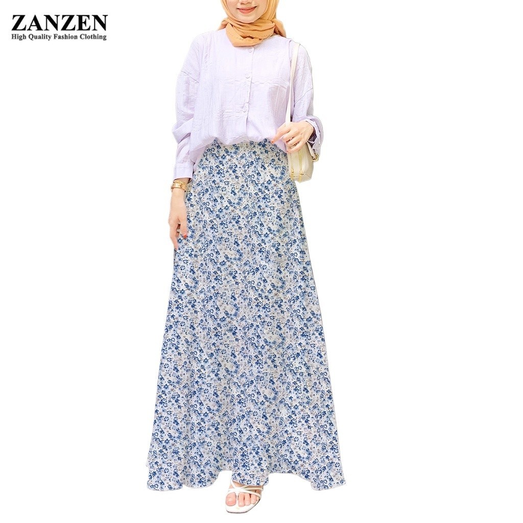 ZANZEN Korean Style Women Floral A-Line Cutting Long Skirt Printed