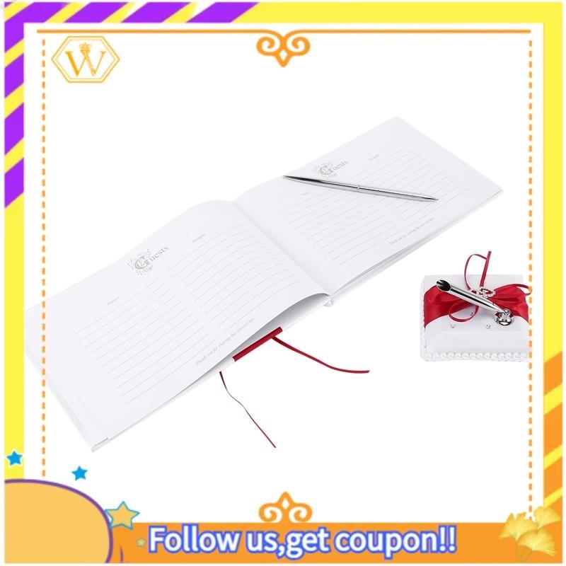 【W】Wedding Guest Book With Pen Holder Sets Satin Bows Signature Book