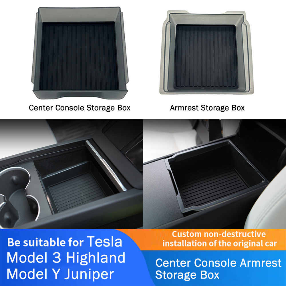 3 pezzi]Vassoio Organizer Console Centrale Scatola di Immagazzinaggio Floccata per Accessori Tesla Model 3 Y 2023 2022 2021, Bracciolo Cassetto Cubby Nascosto per Contanti, Vetro, Monete, Telefono