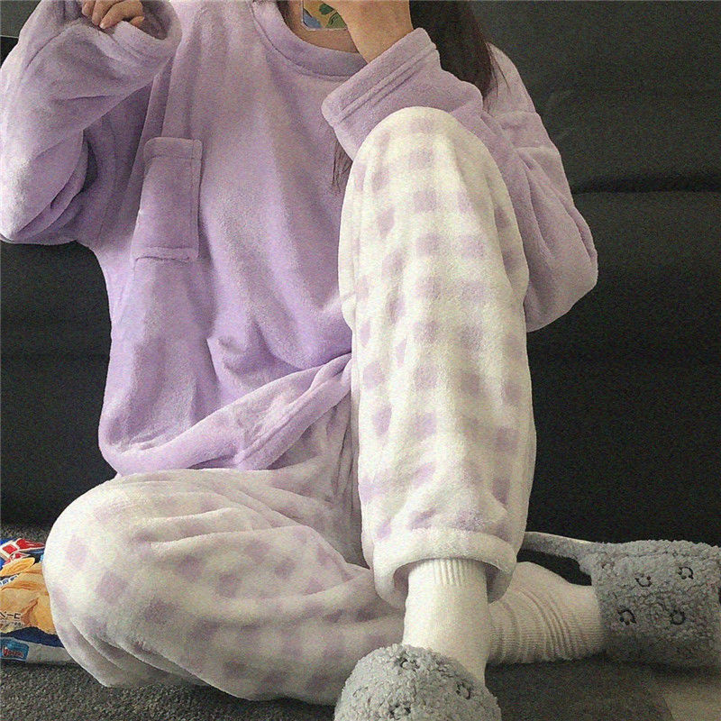 French Sweet Style Stitch Coral Fleece pajamas Women Plus Fleece ...