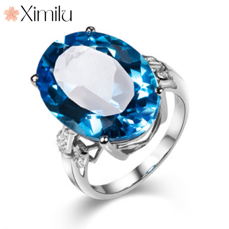 Original Large Oval Blue Topaz Ring Female Luxury Sapphire Jewelry ...