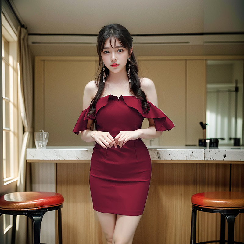 One-line Neck Ruffled Sexy Dress Tube Top Banquet Skinny Tight-Fitting  Temperament Hip-Covered Short Tight Dress (with Chest | Shopee Malaysia