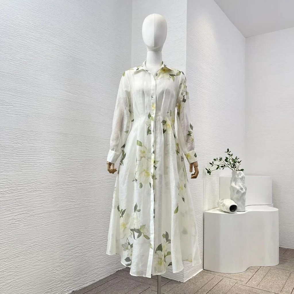 Zi*m Linen Silk Dress 2024 Vintage High Quality White Flowers Mangnolia ...