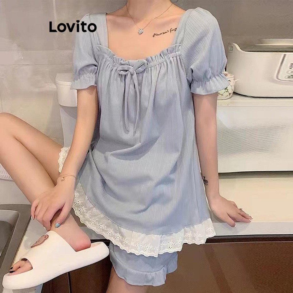 Lovito Casual Plain Colorblock Ruffle Pajama Sets for Women LNE59500 ...