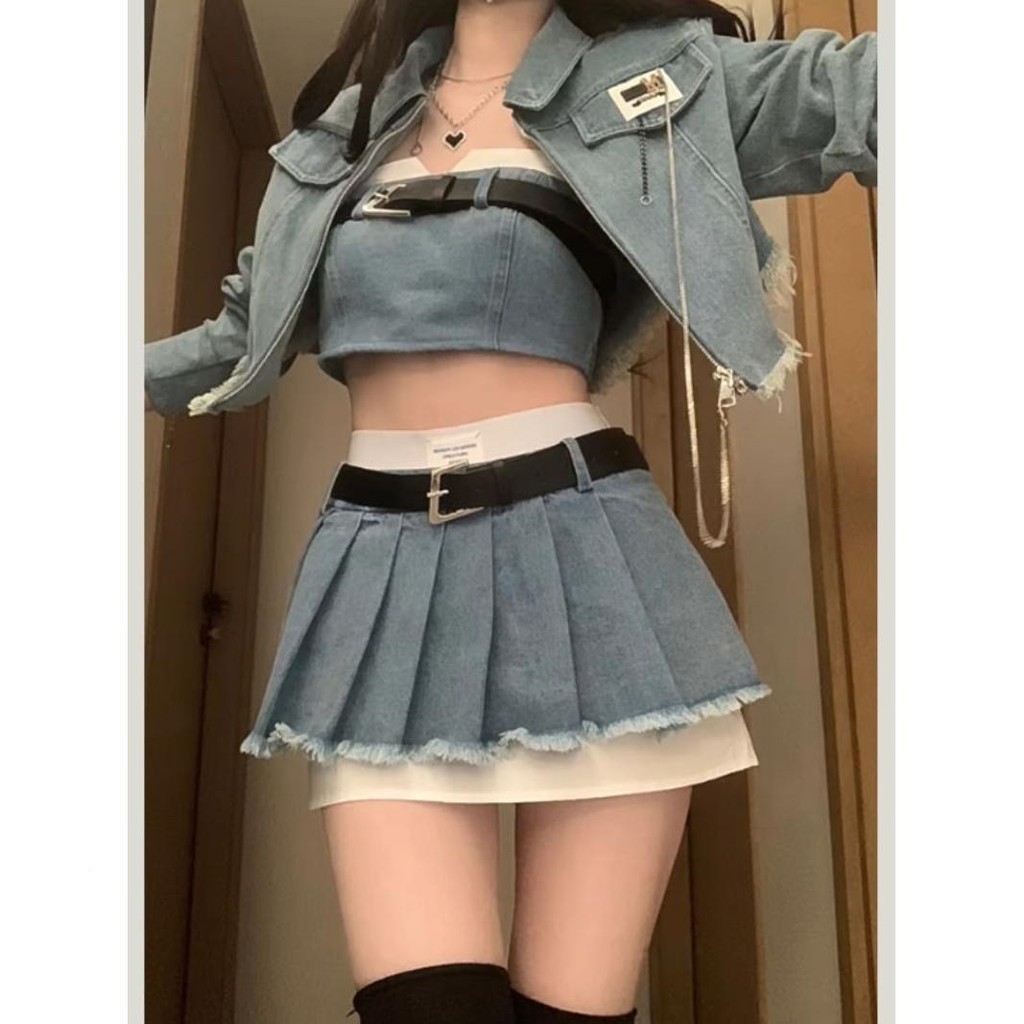 Ballet Style Denim Tube Top Camisole a-Line Skirt Two-Piece Suit Skirt ...