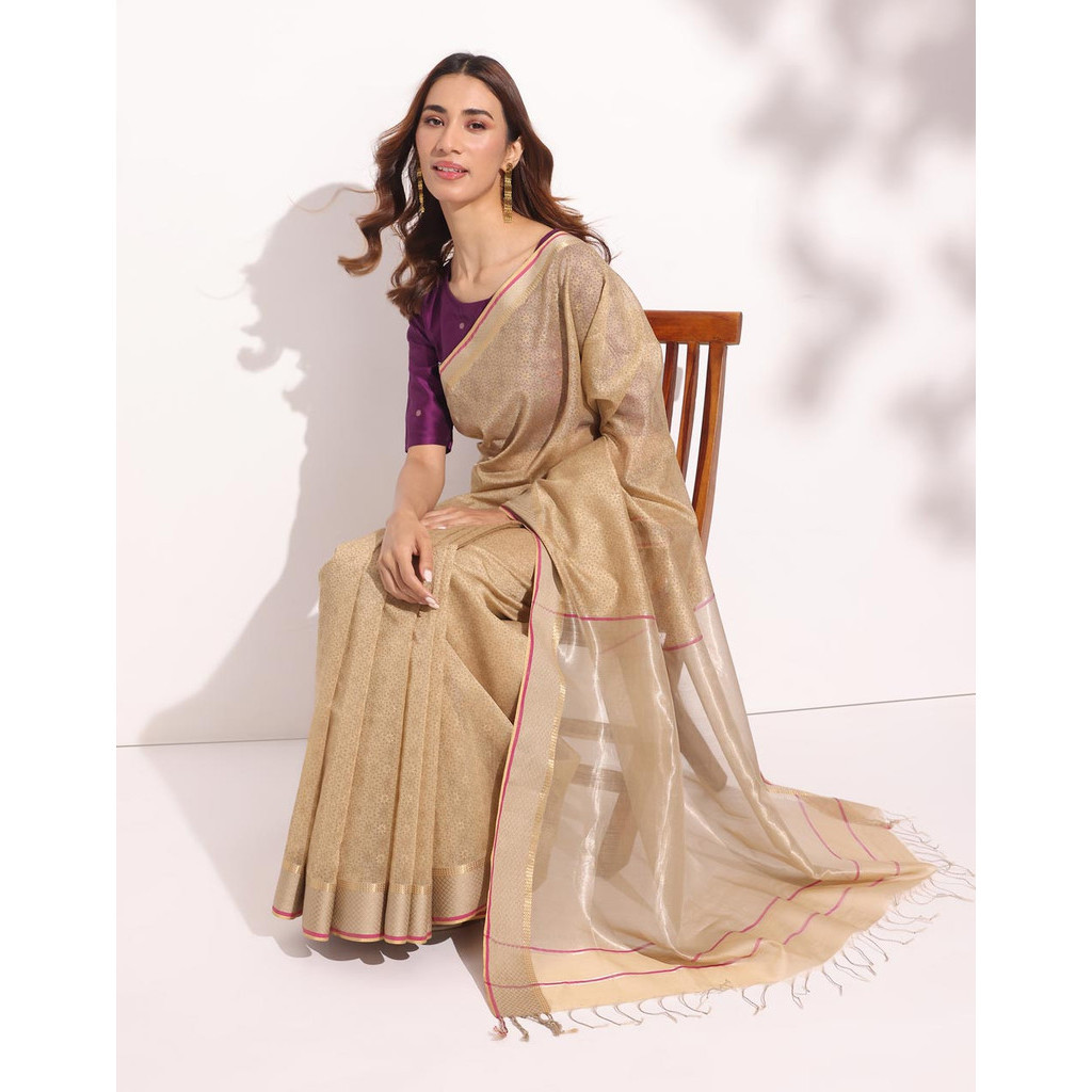 Beige Cotton Silk Blend Hand Block Printed Sari | Shopee Malaysia