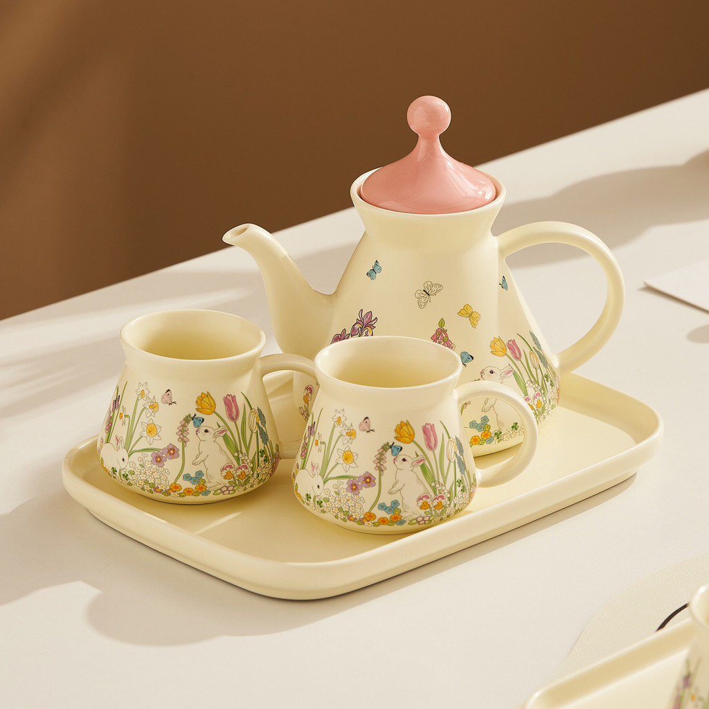 Rustic Farmhouse Ceramic Tea & Coffee Set - Kettle, Cups & Saucers ...