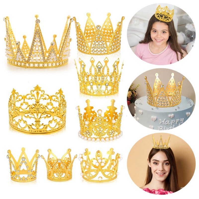 Metal Crown Cake Topper Artificial Pearl Crystal Birthday Cake Topper ...