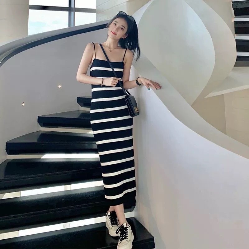 READY STOCKWomen Striped BodyCon Dress Korean Fashion Gentle  Temperament Slim Strap Knitted Dress | Shopee Malaysia