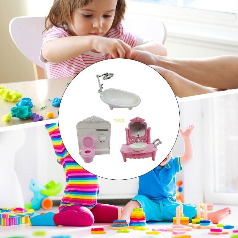 youn Scaled Model Toilet Realistic Dollhouse Miniature Bathtub Pink Vanity Dolls Decoration ...