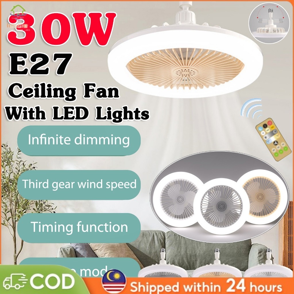 360° Rotation 30W LED Ceiling Fan With Light LED E27 Lamp Head Fan ...