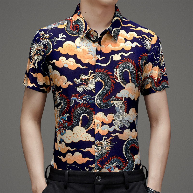Summer Ice Silk Short Sleeve Printed Shirt with Dragon Pattern, Chinese ...
