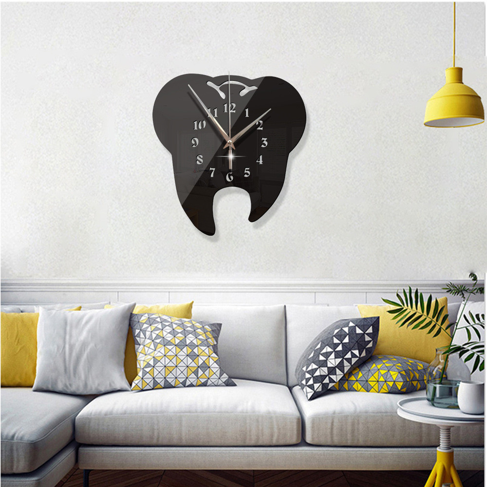 1PC Tooth-Shaped Mirror Wall Clock Modern Dental Ornament 3D Acrylic ...