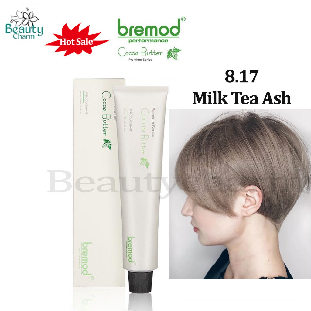 Bremod Hair Color 8.17 Milk Tea Ash Dye Cream Cocoa Butter Oxidizing 6% ...