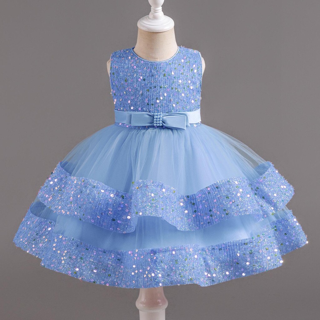 Baby Girls Birthday Dresses Bow Sequin Mesh Sleeveless Elegant Princess ...