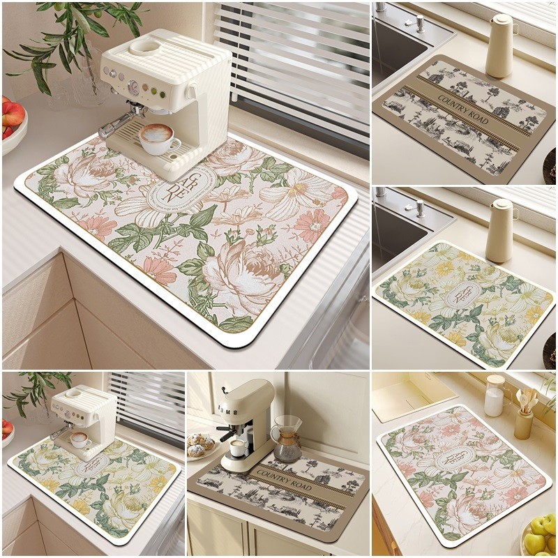 Retro Flower Kitchen Drying Mat Water Absorbent Pad Kitchen Drain Mat ...