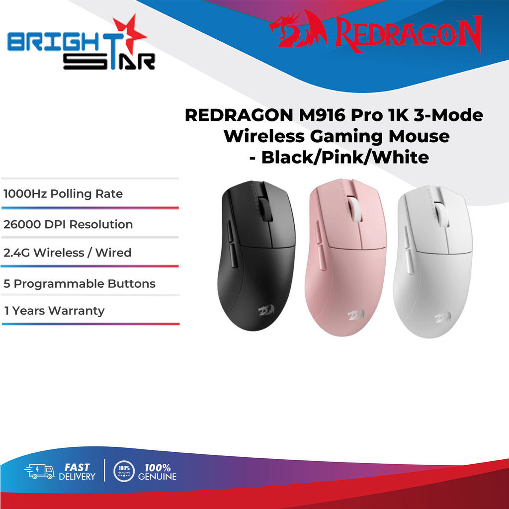 REDRAGON M916 Pro 1K 3-Mode Wireless Gaming Mouse - Black/Pink/White ...