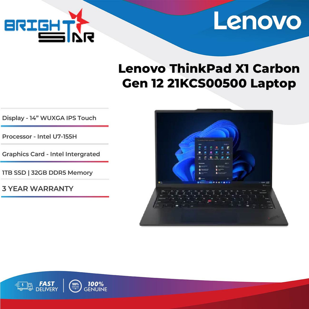 Lenovo ThinkPad X1 Carbon Gen 12 Laptop - 14" Touchscreen, Intel Core Ultra 7 165U, 32GB RAM, 1TB SSD, Windows 11 Pro