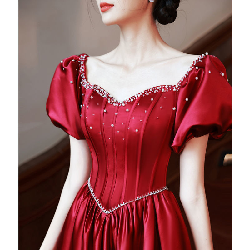 Hawlife Korean Red Puff Sleeve Elegant Evening Prom Ball JS Debut ...