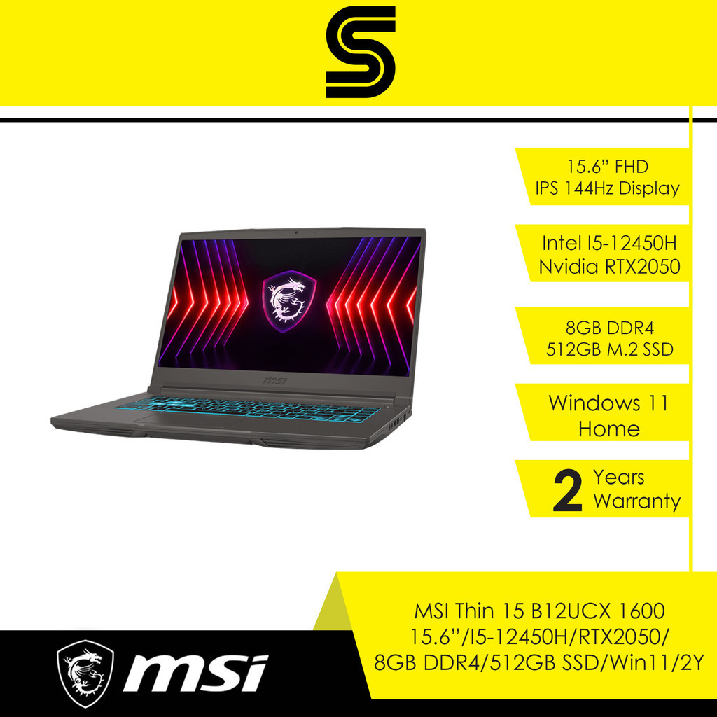 Msi Thin 15 B12ucx 1600 Gaming Laptop 156 Fhd Ips 144hzi5 12450h