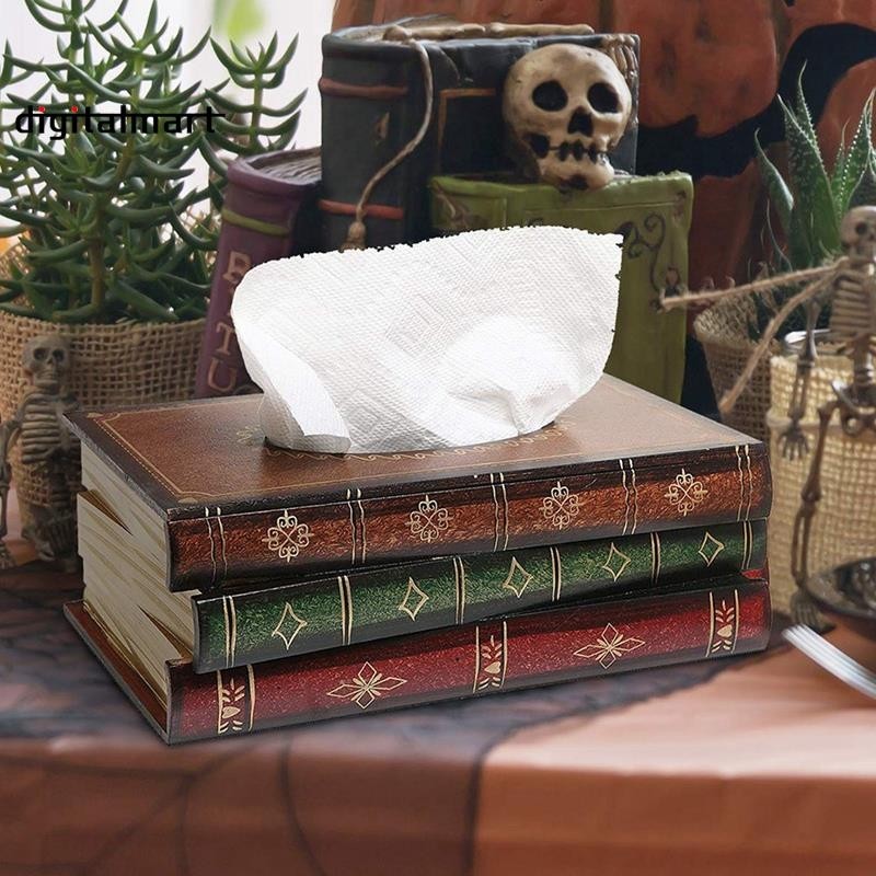 Vintage Stacked Books Design Solid Wood Tissue Box Holder Rectangular ...