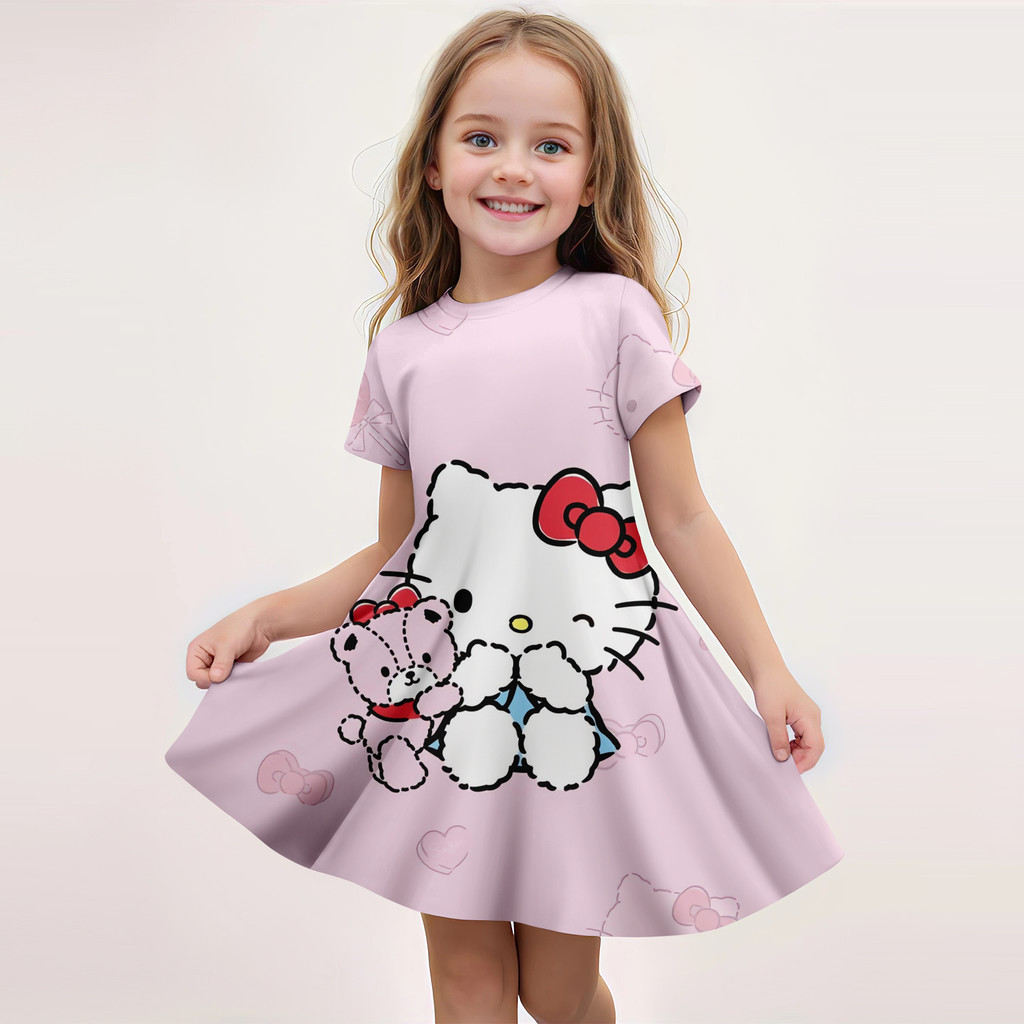 New Summer Girls Short Sleeved Dress Cute Hello Kitty 3D Print Skirt Home Nightgown Pajamas Casual Performance Clothes Shopee Malaysia