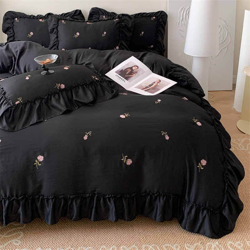 Black Embroidered rose Ice Silk 4IN1 Bedding Sets Cool Silky Bedding ...